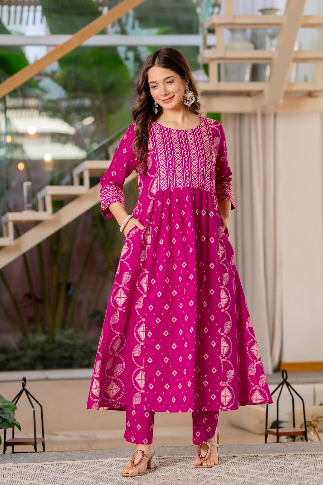 Jaipur Sarai Magenta Pink Cotton Kurta Set With Traditional Prints