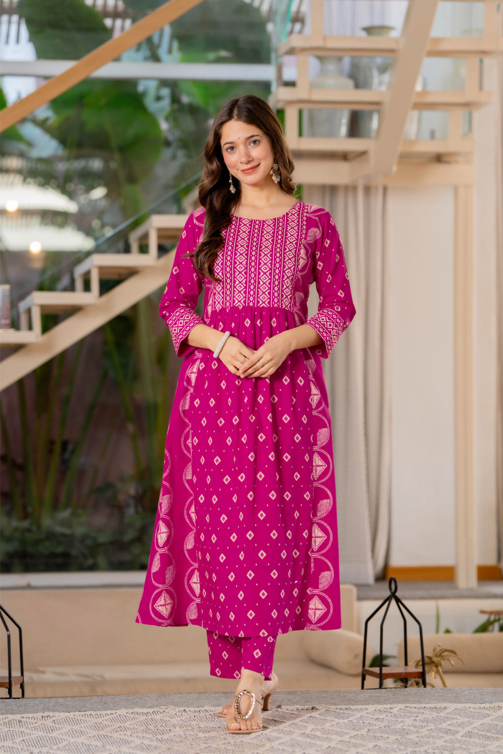 Jaipur Sarai Magenta Pink Cotton Kurta Set With Traditional Prints