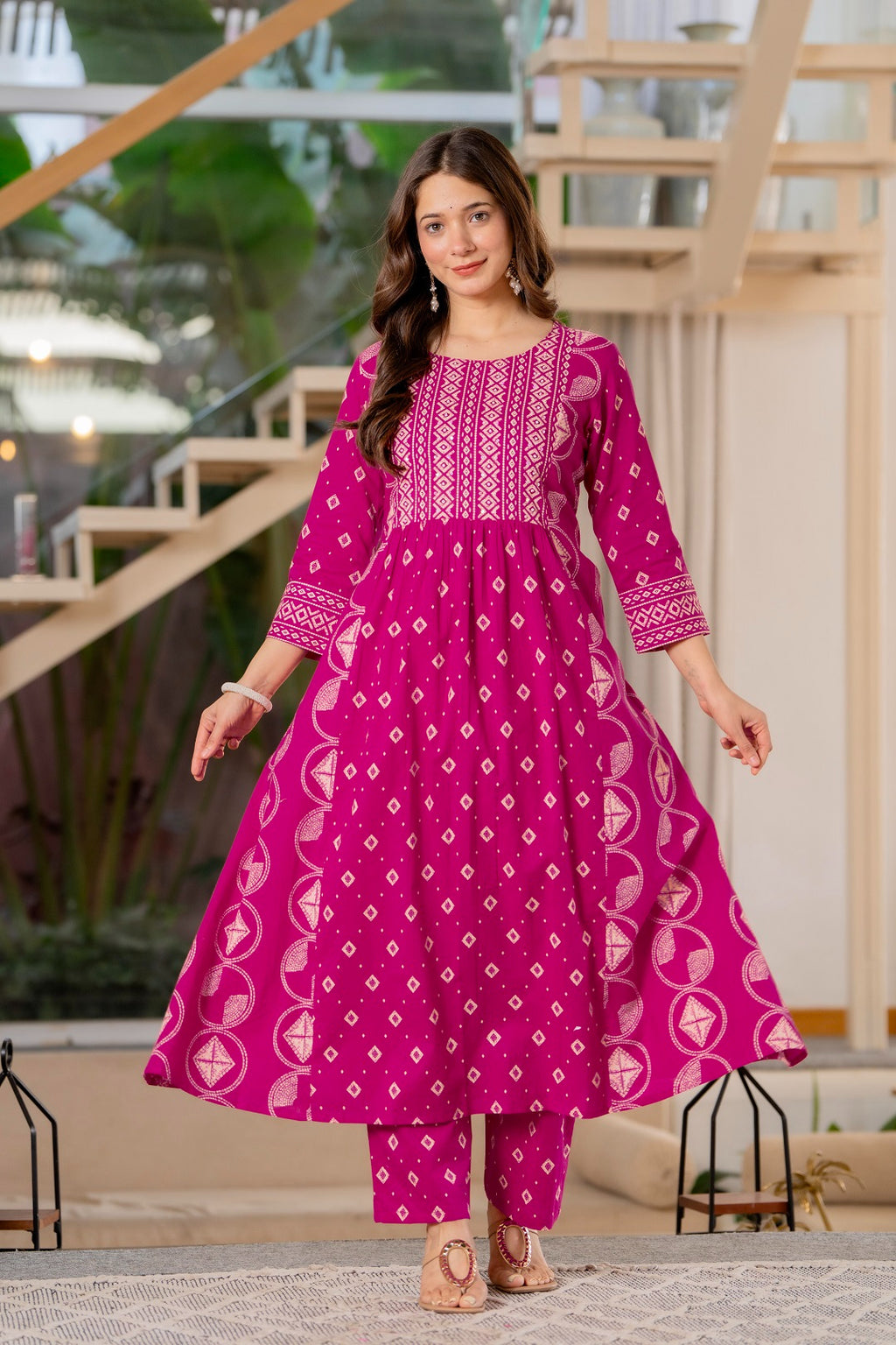 Jaipur Sarai Magenta Pink Cotton Kurta Set With Traditional Prints