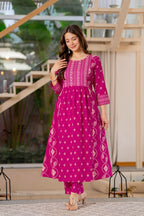 Jaipur Sarai Magenta Pink Cotton Kurta Set With Traditional Prints