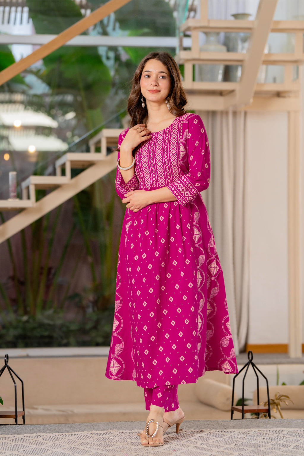 Jaipur Sarai Magenta Pink Cotton Kurta Set With Traditional Prints