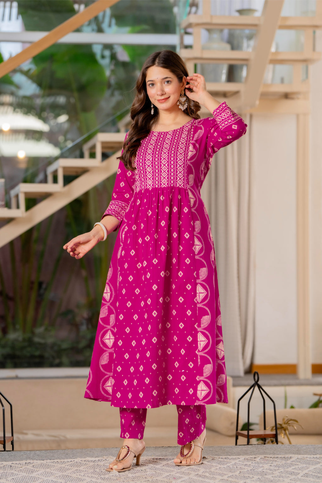 Jaipur Sarai Magenta Pink Cotton Kurta Set With Traditional Prints