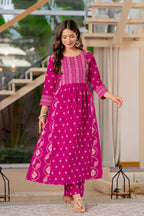 Jaipur Sarai Magenta Pink Cotton Kurta Set With Traditional Prints