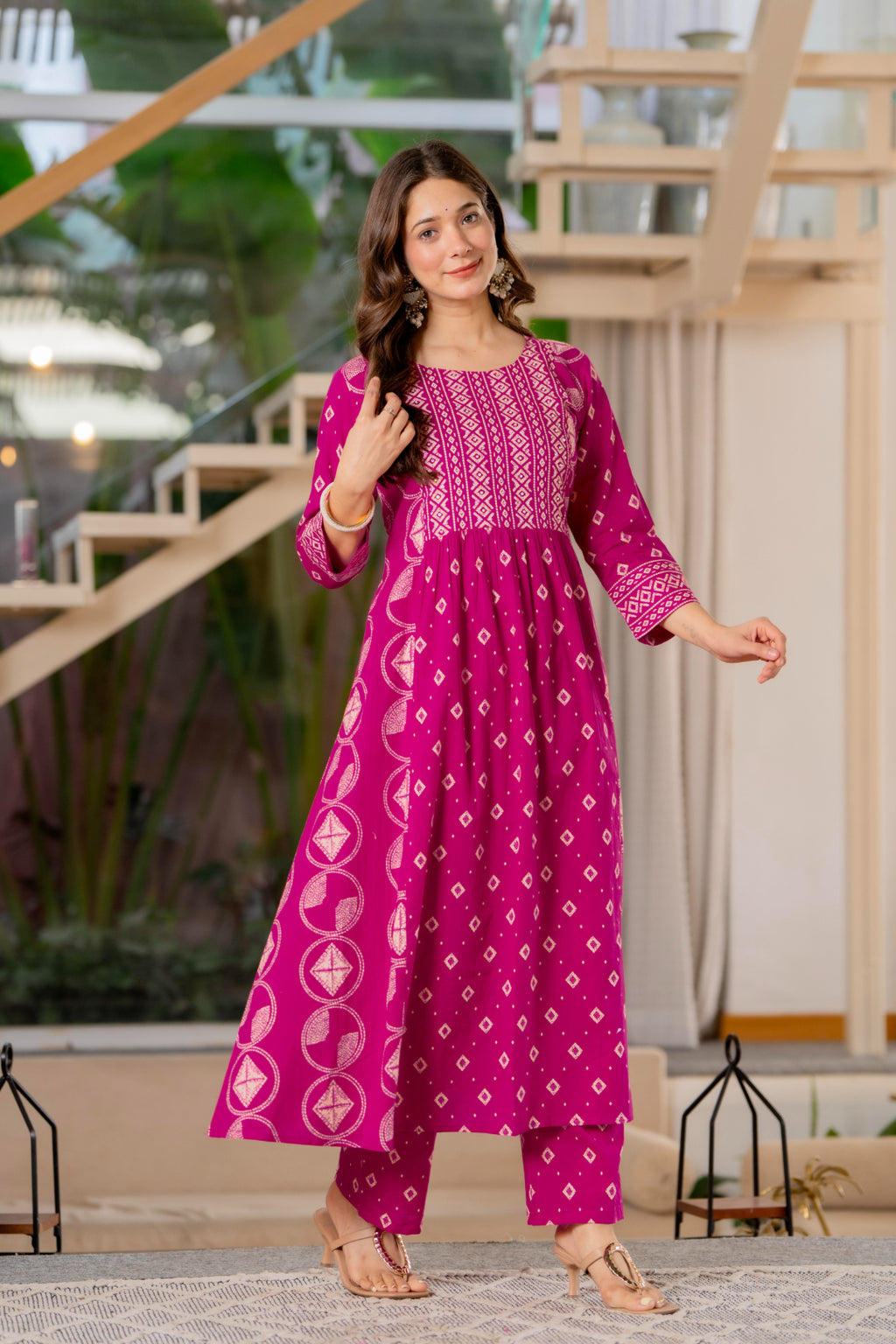 Jaipur Sarai Magenta Pink Cotton Kurta Set With Traditional Prints