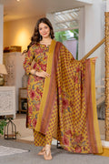 Women’s Mustard Floral Printed Pure Cotton Kurta with Trousers & Dupatta