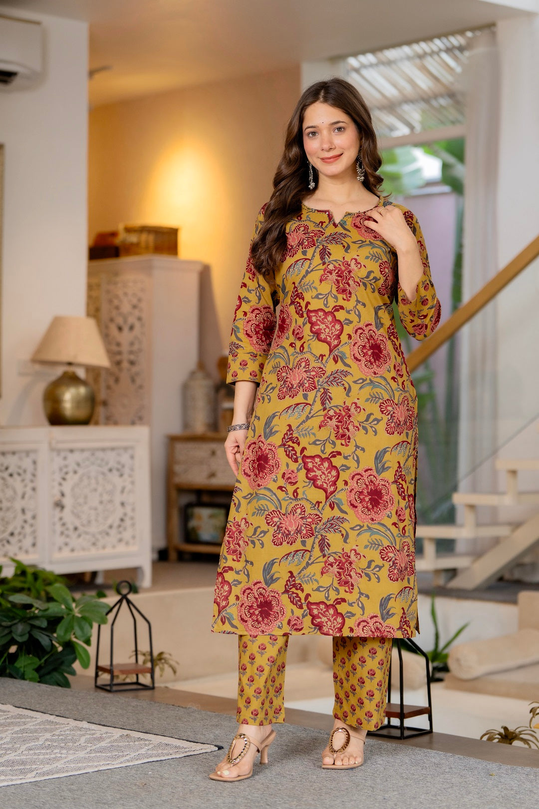 Mustard Cotton Floral Print Straight Kurta Pant Set