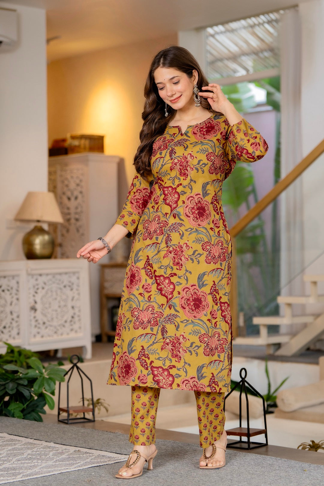 Mustard Cotton Floral Print Straight Kurta Pant Set
