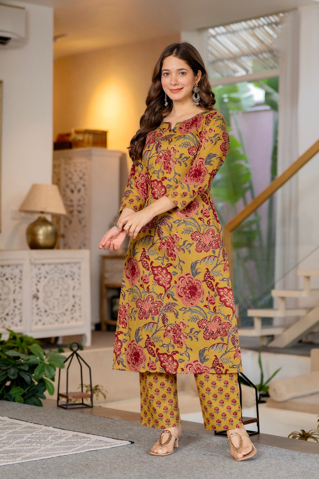 Mustard Cotton Floral Print Straight Kurta Pant Set
