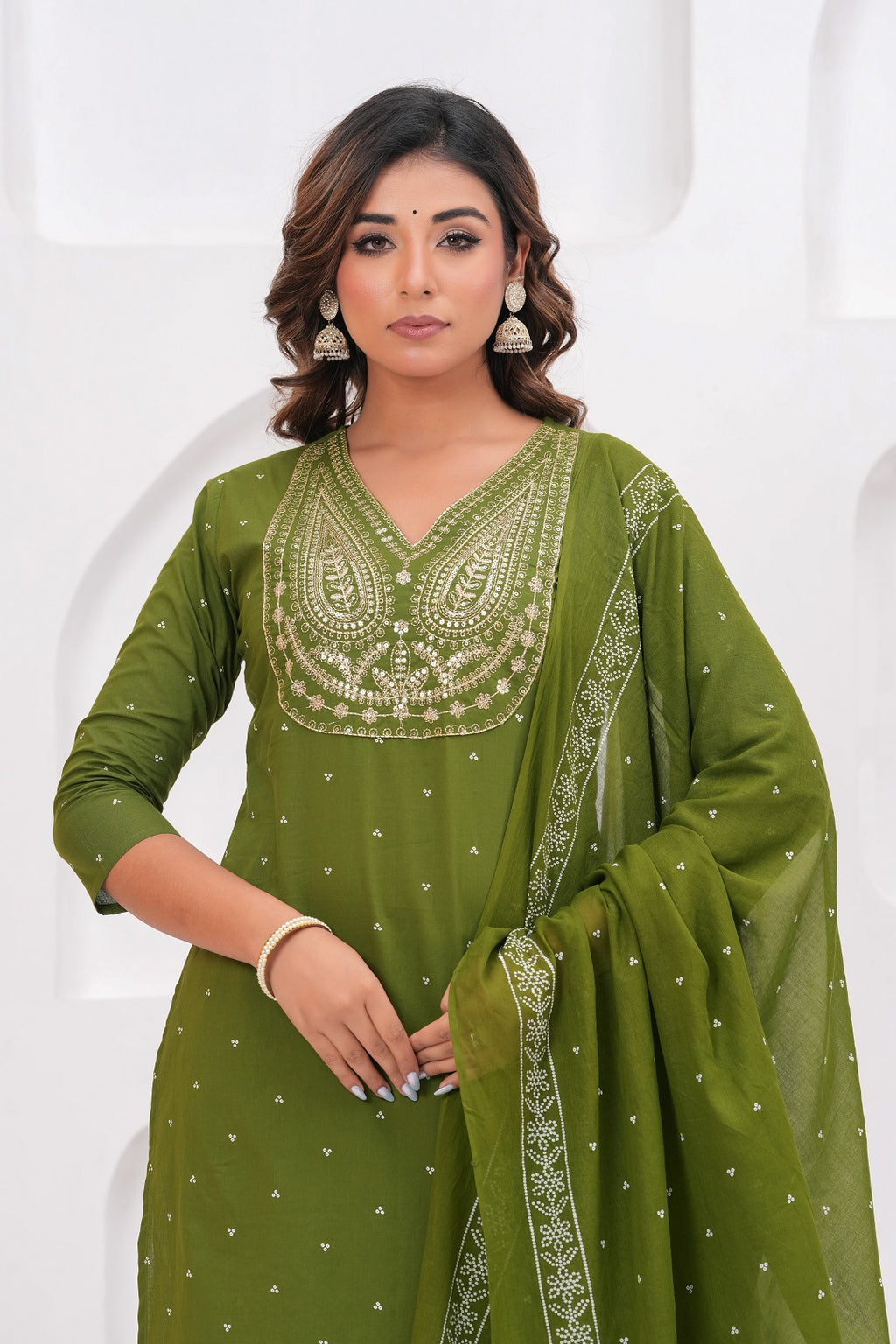 Olive Green Embroidered Kurta With Pant With Dupatta