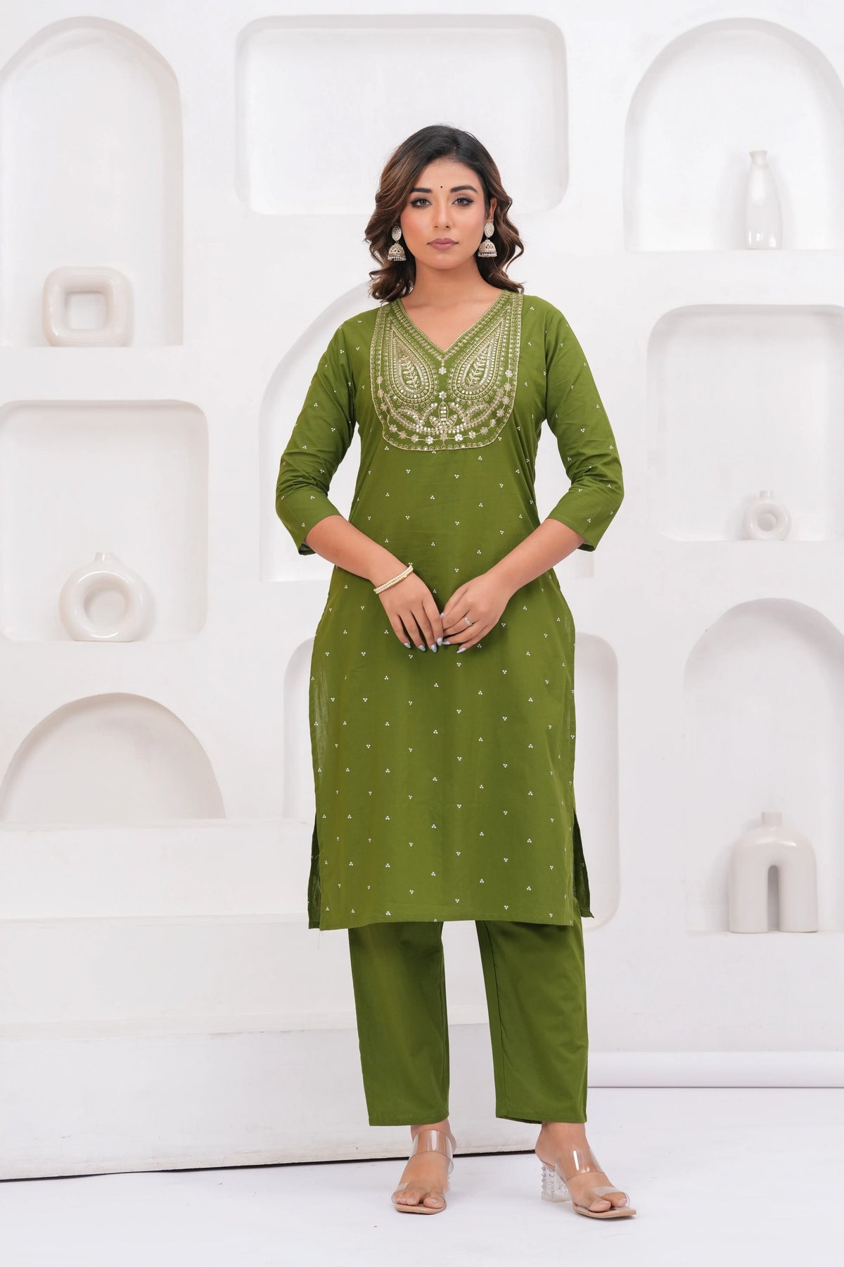 Olive Green Embroidered Kurta With Pant With Dupatta