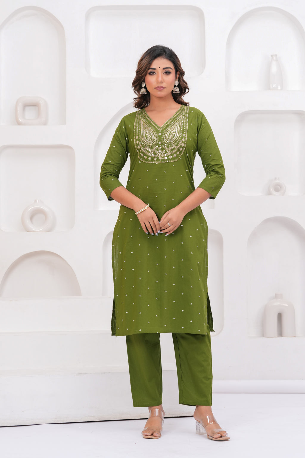Olive Green Embroidered Kurta With Pant With Dupatta
