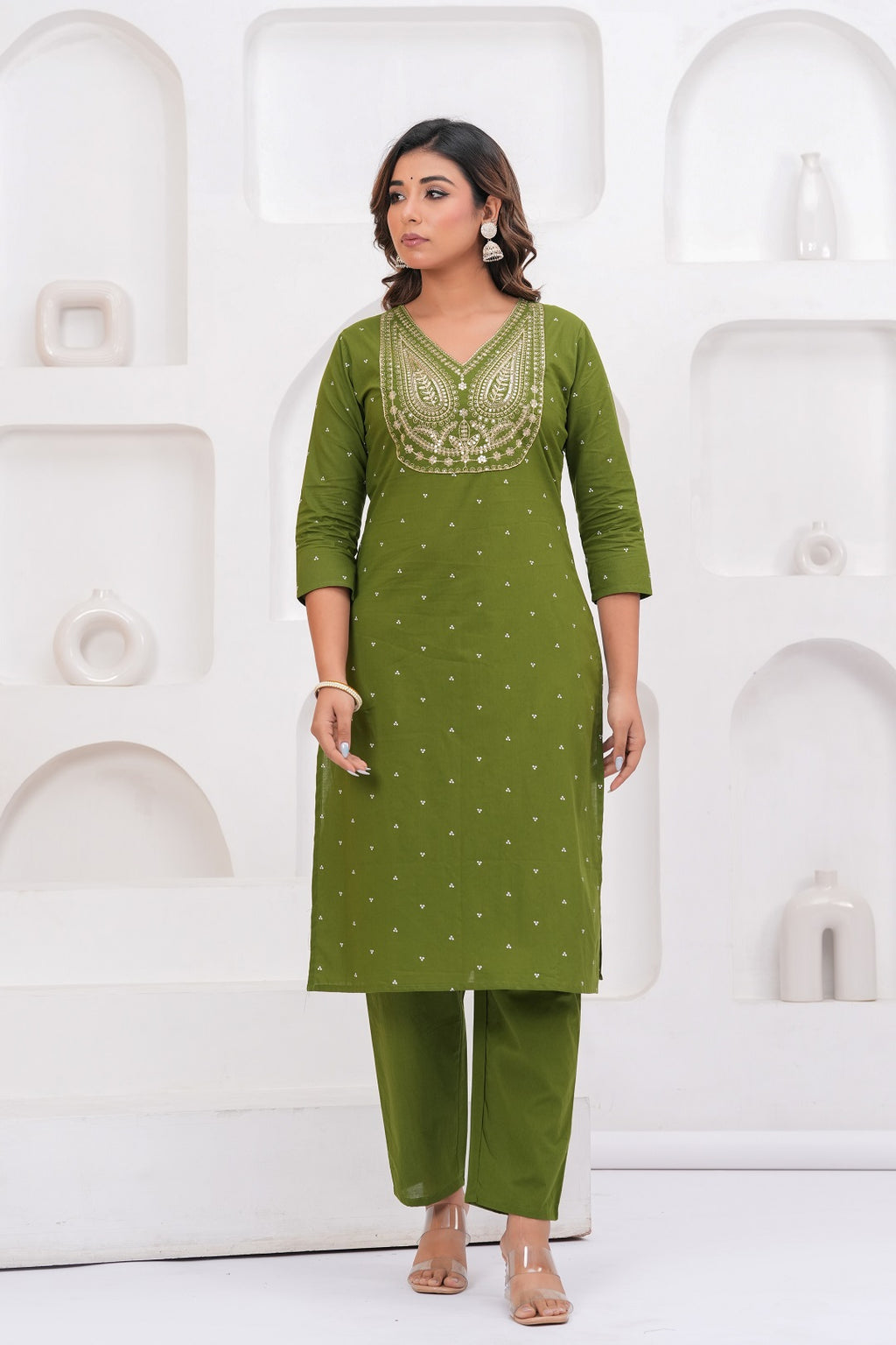 Olive Green Embroidered Kurta With Pant With Dupatta