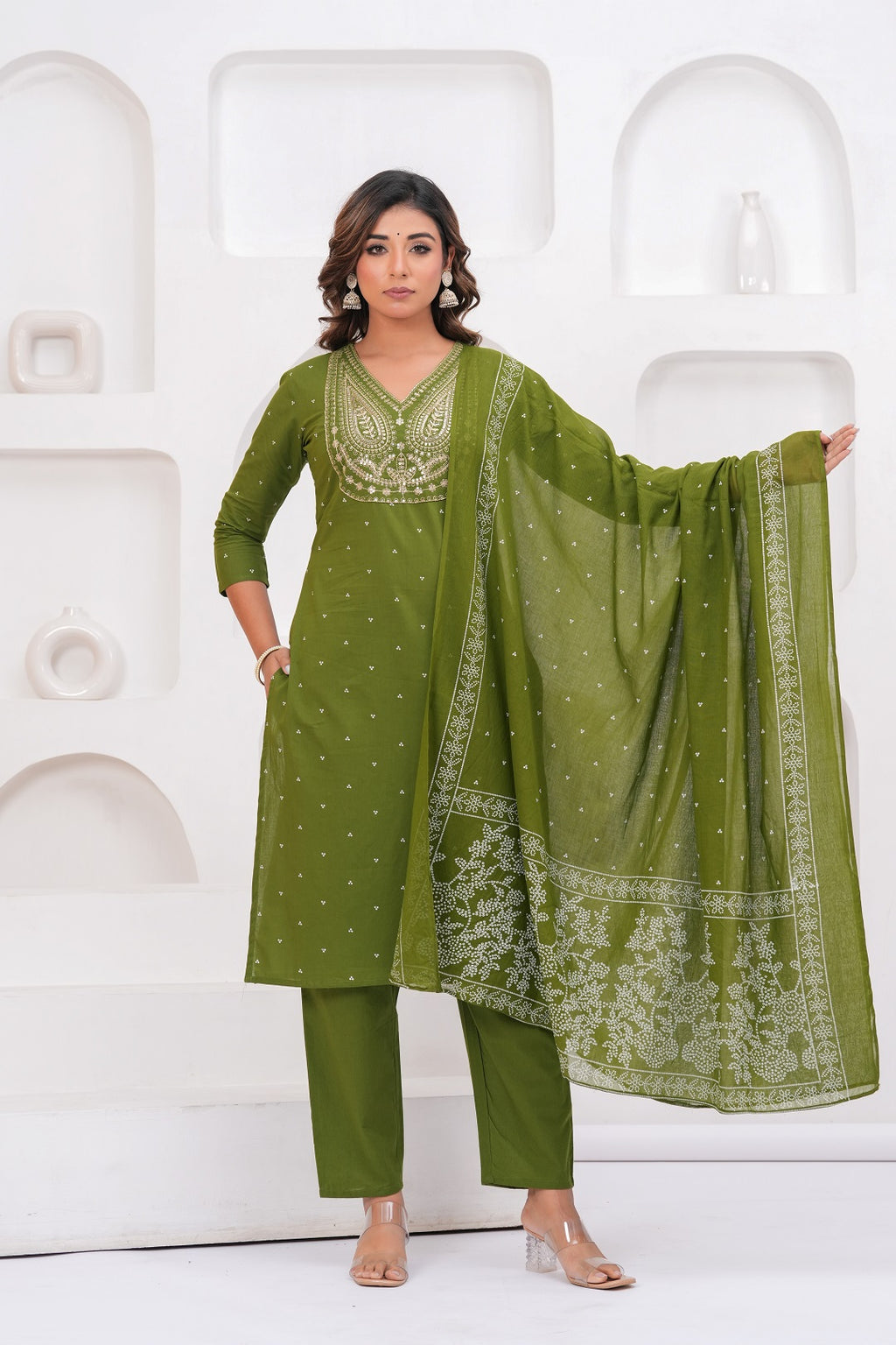 Olive Green Embroidered Kurta With Pant With Dupatta