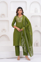 Olive Green Embroidered Kurta With Pant With Dupatta