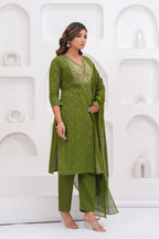 Olive Green Embroidered Kurta With Pant With Dupatta