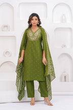 Olive Green Embroidered Kurta With Pant With Dupatta