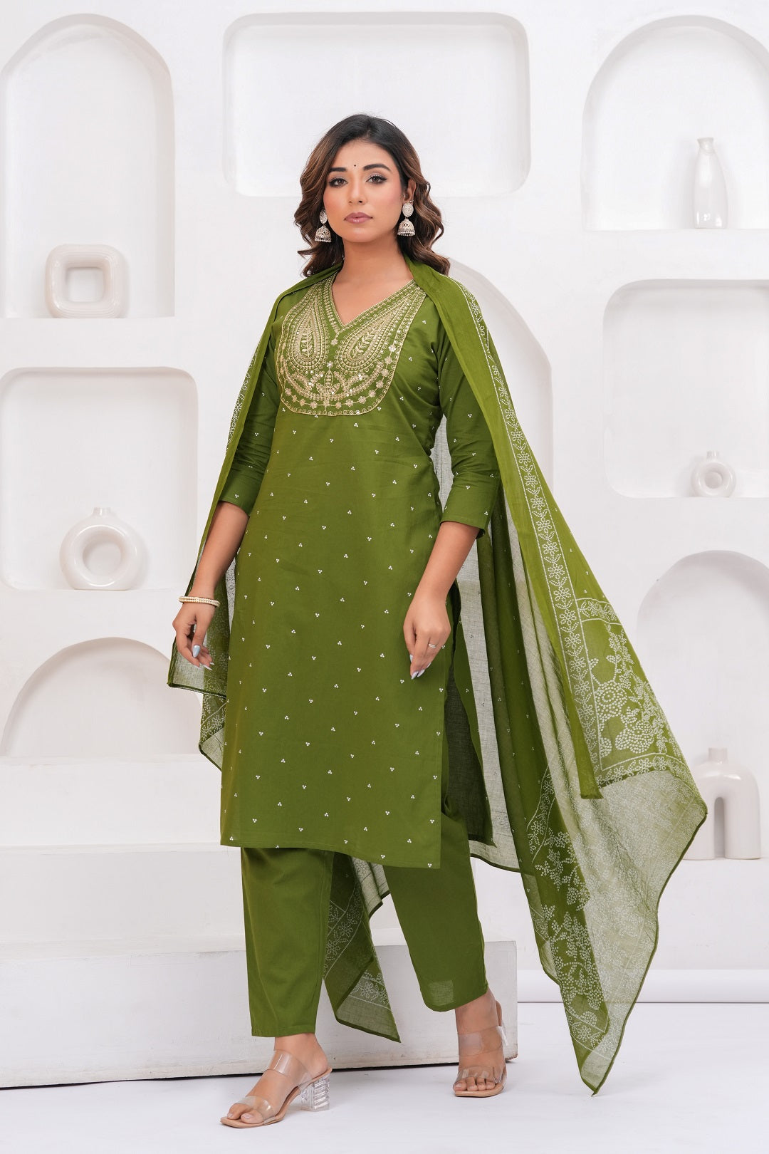 Olive Green Embroidered Kurta With Pant With Dupatta