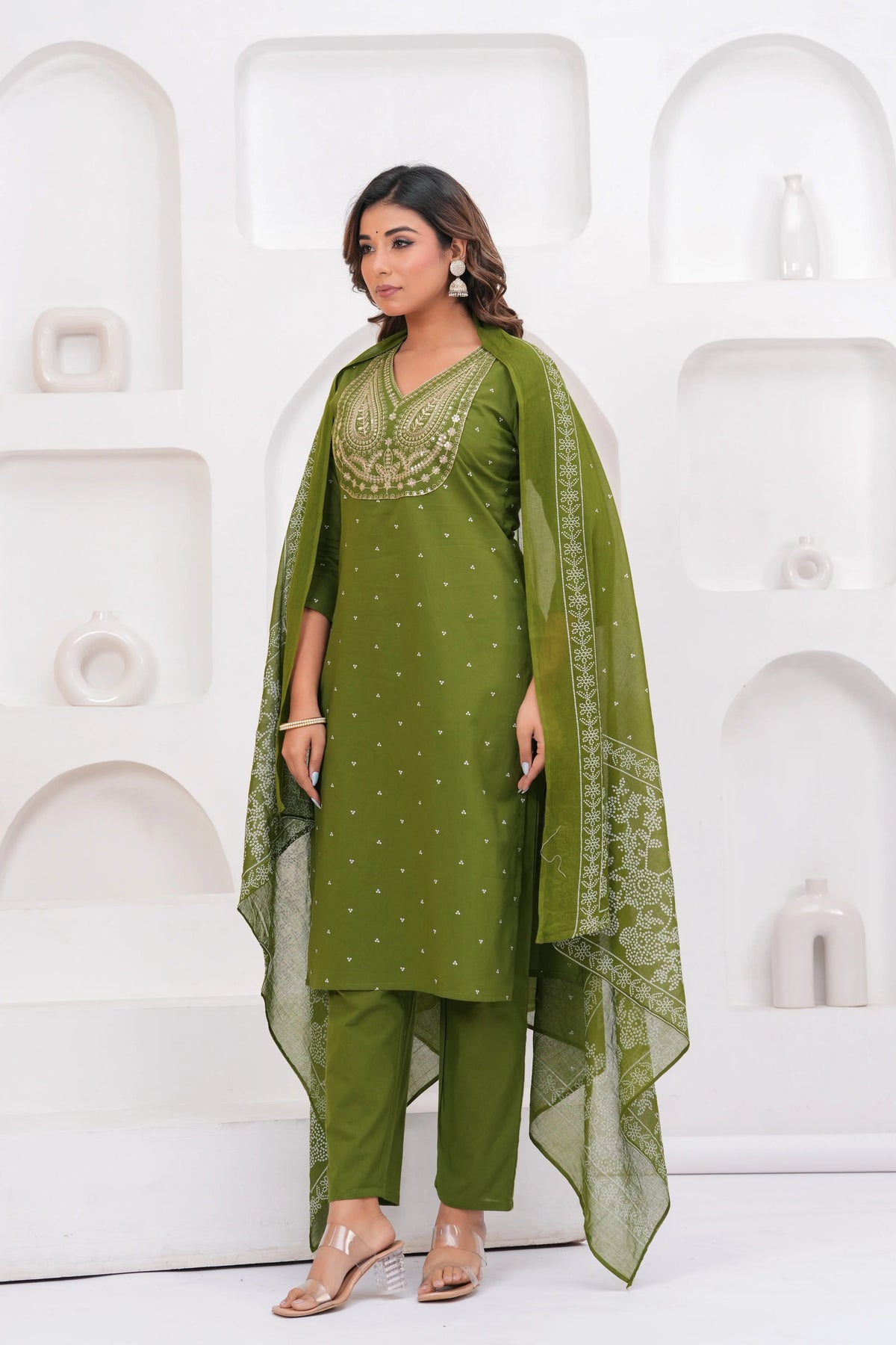 Olive Green Embroidered Kurta With Pant With Dupatta