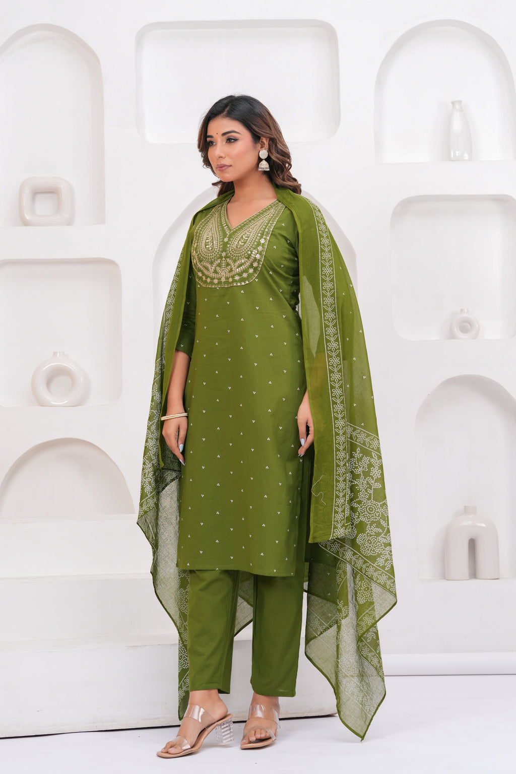 Olive Green Embroidered Kurta With Pant With Dupatta