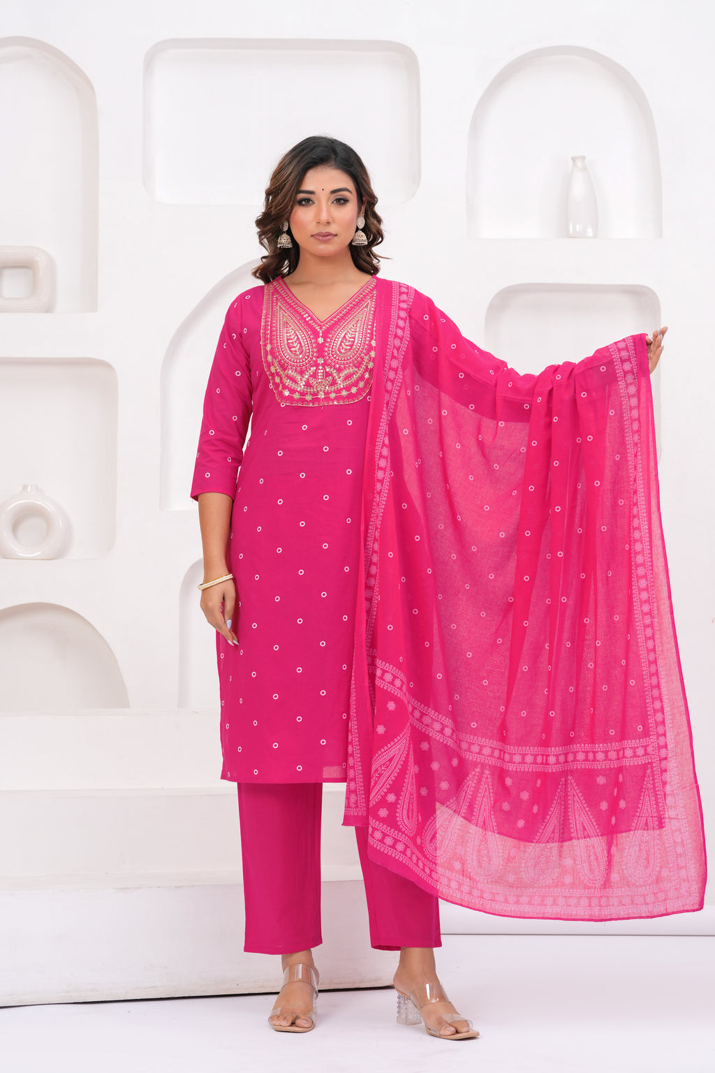 Ethnic Pink Printed Kurta with Trousers With Dupatta