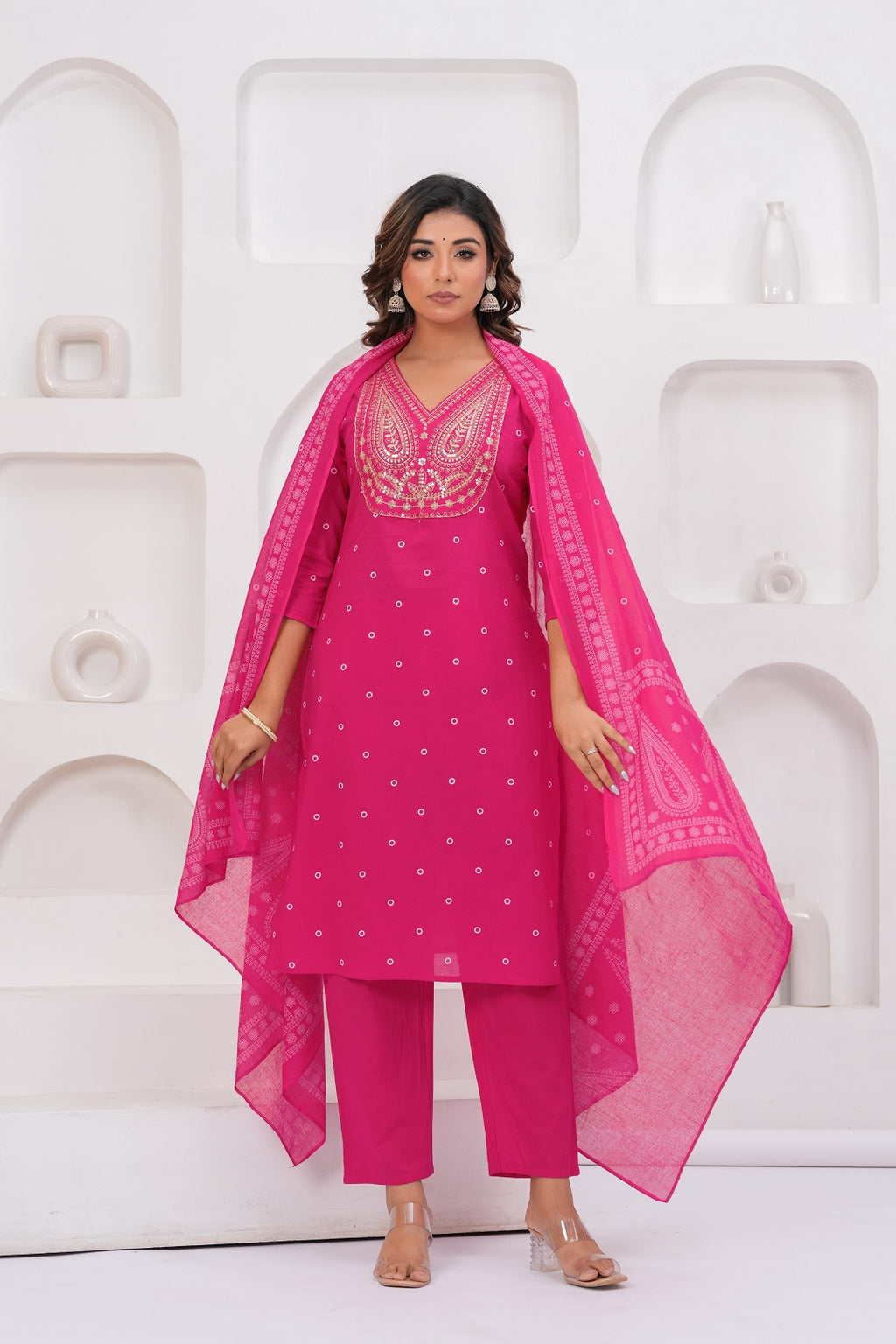 Ethnic Pink Printed Kurta with Trousers With Dupatta