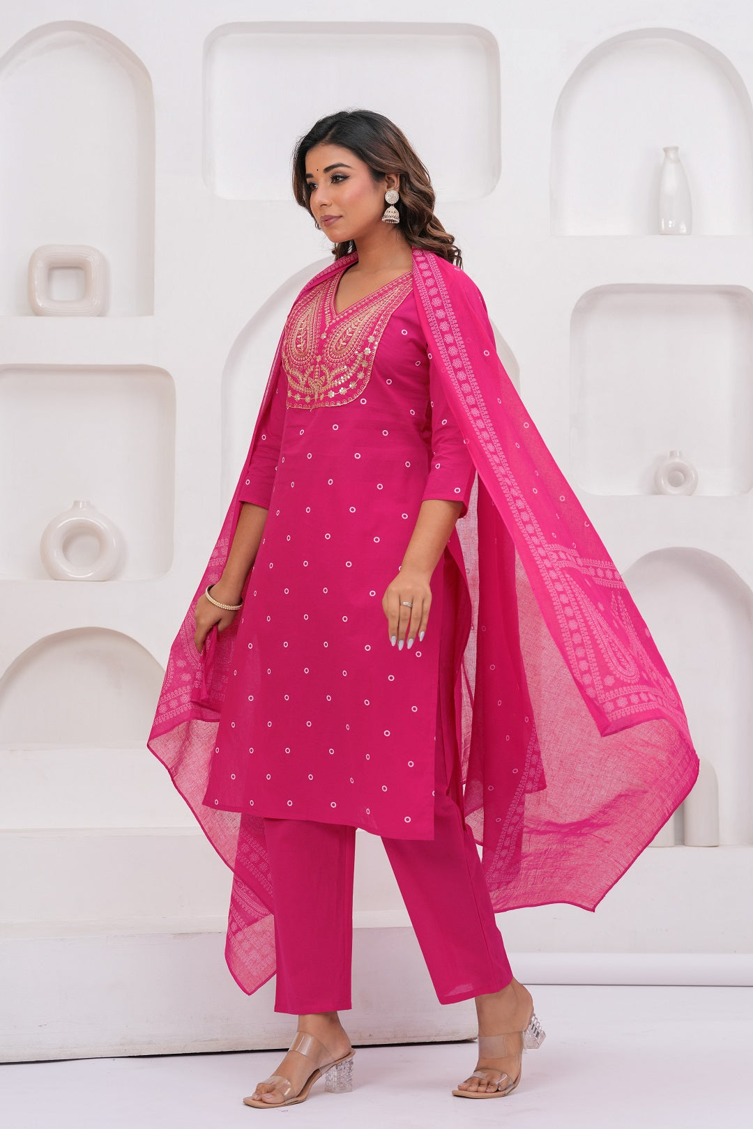 Ethnic Pink Printed Kurta with Trousers With Dupatta