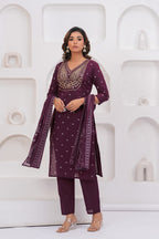 Purple Printed Kurta with Trousers With Dupatta