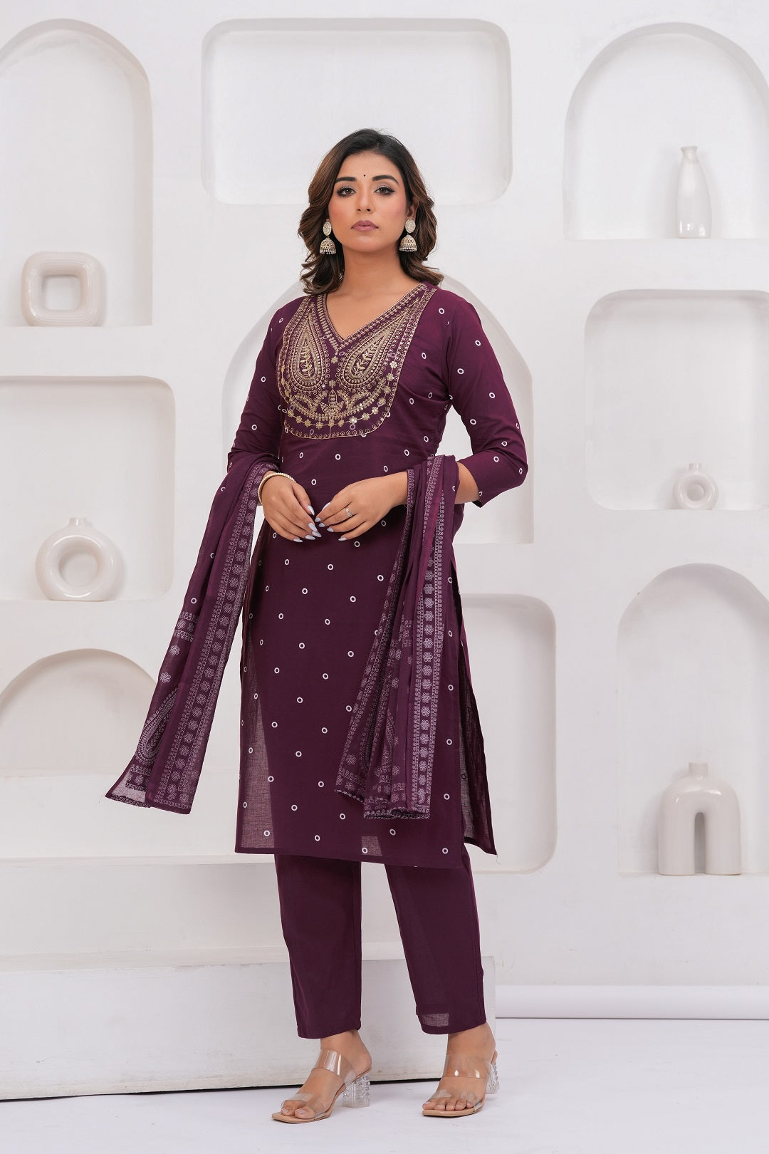 Purple Printed Kurta with Trousers With Dupatta