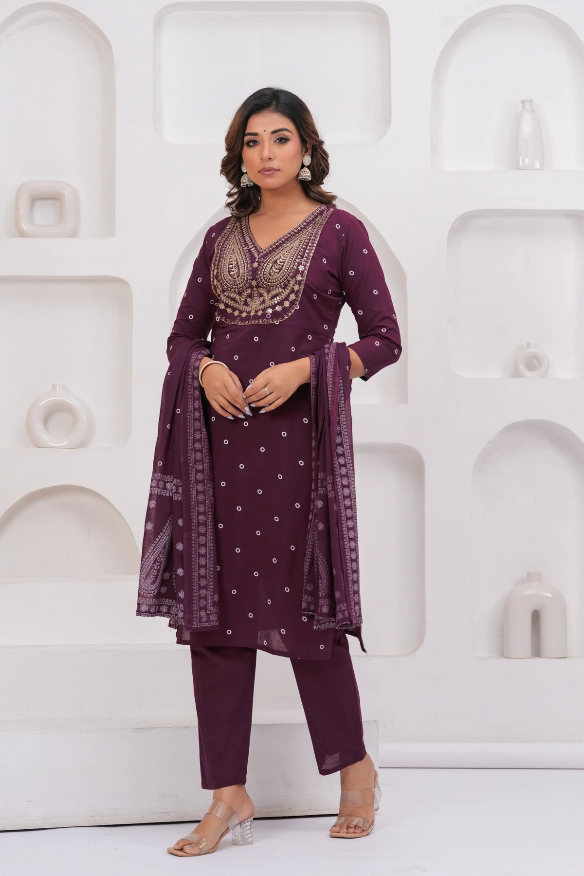 Purple Printed Kurta with Trousers With Dupatta