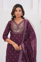Purple Printed Kurta with Trousers With Dupatta