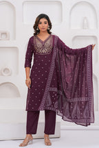 Purple Printed Kurta with Trousers With Dupatta