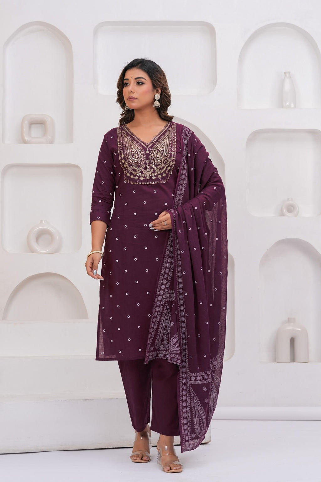 Purple Printed Kurta with Trousers With Dupatta