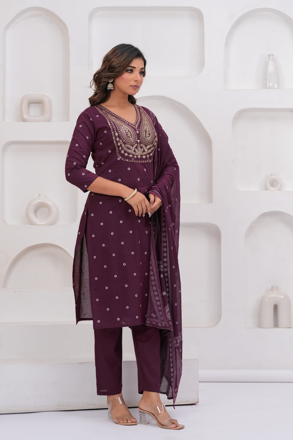 Purple Printed Kurta with Trousers With Dupatta