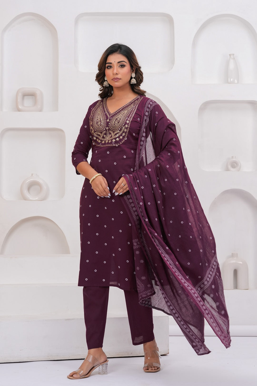 Purple Printed Kurta with Trousers With Dupatta