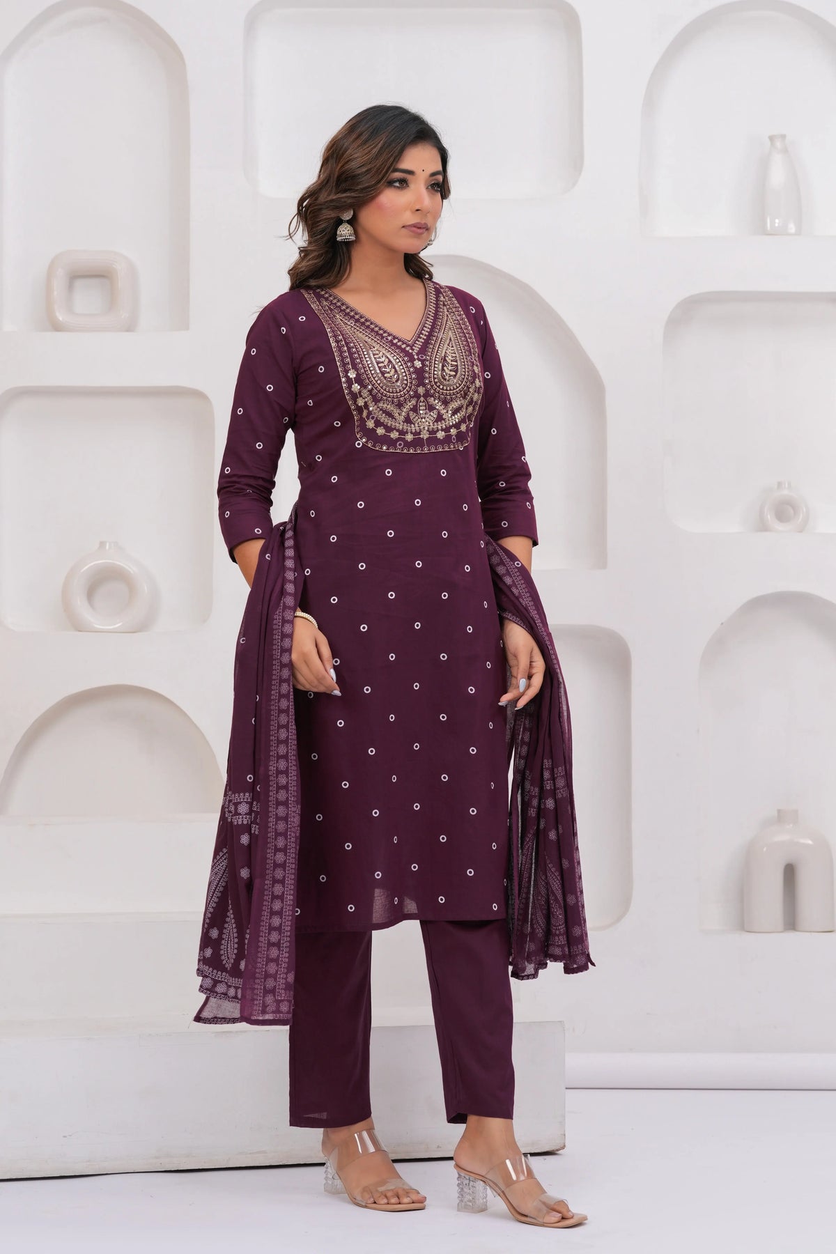 Purple Printed Kurta with Trousers With Dupatta