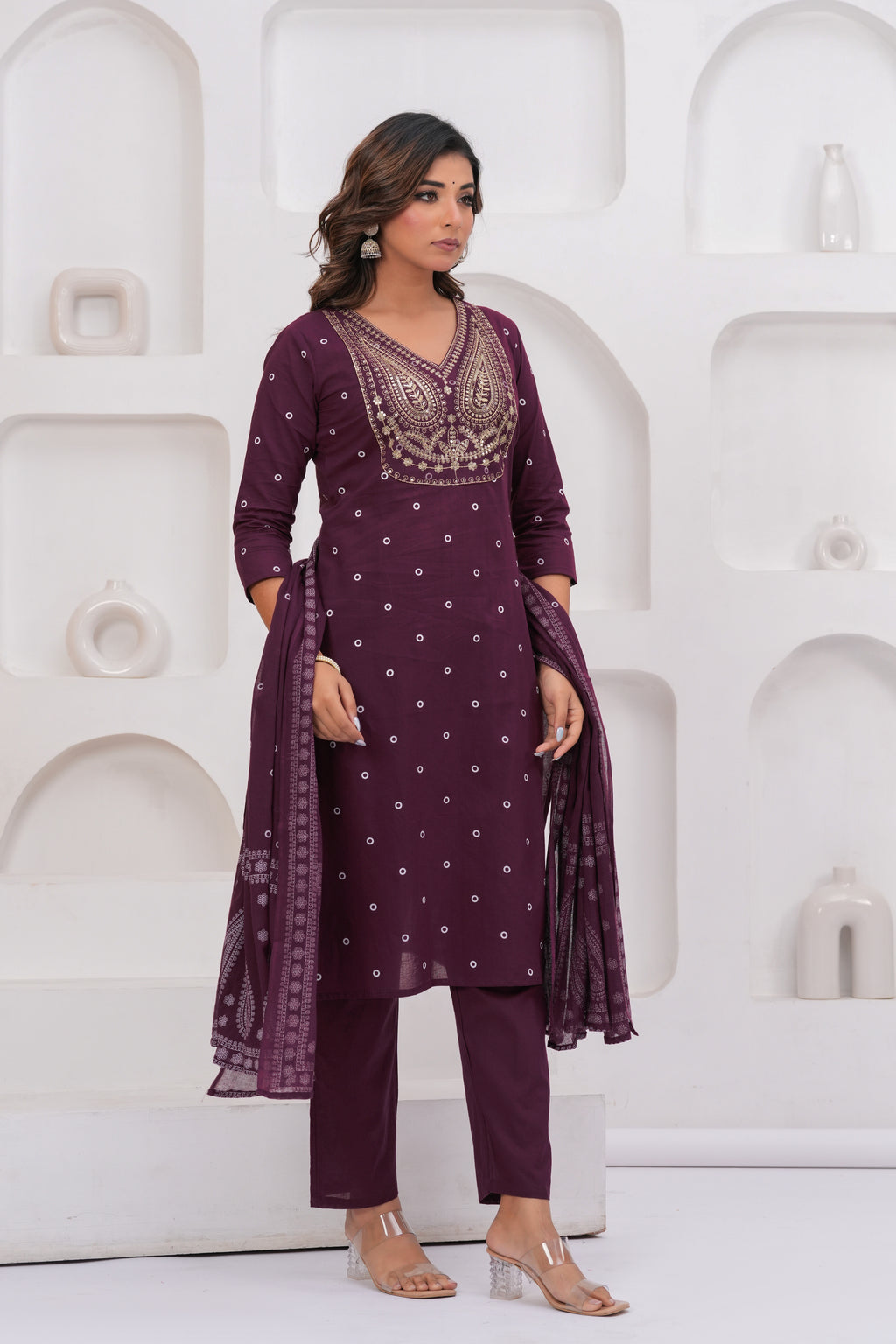 Purple Printed Kurta with Trousers With Dupatta