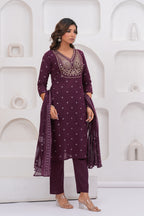 Purple Printed Kurta with Trousers With Dupatta