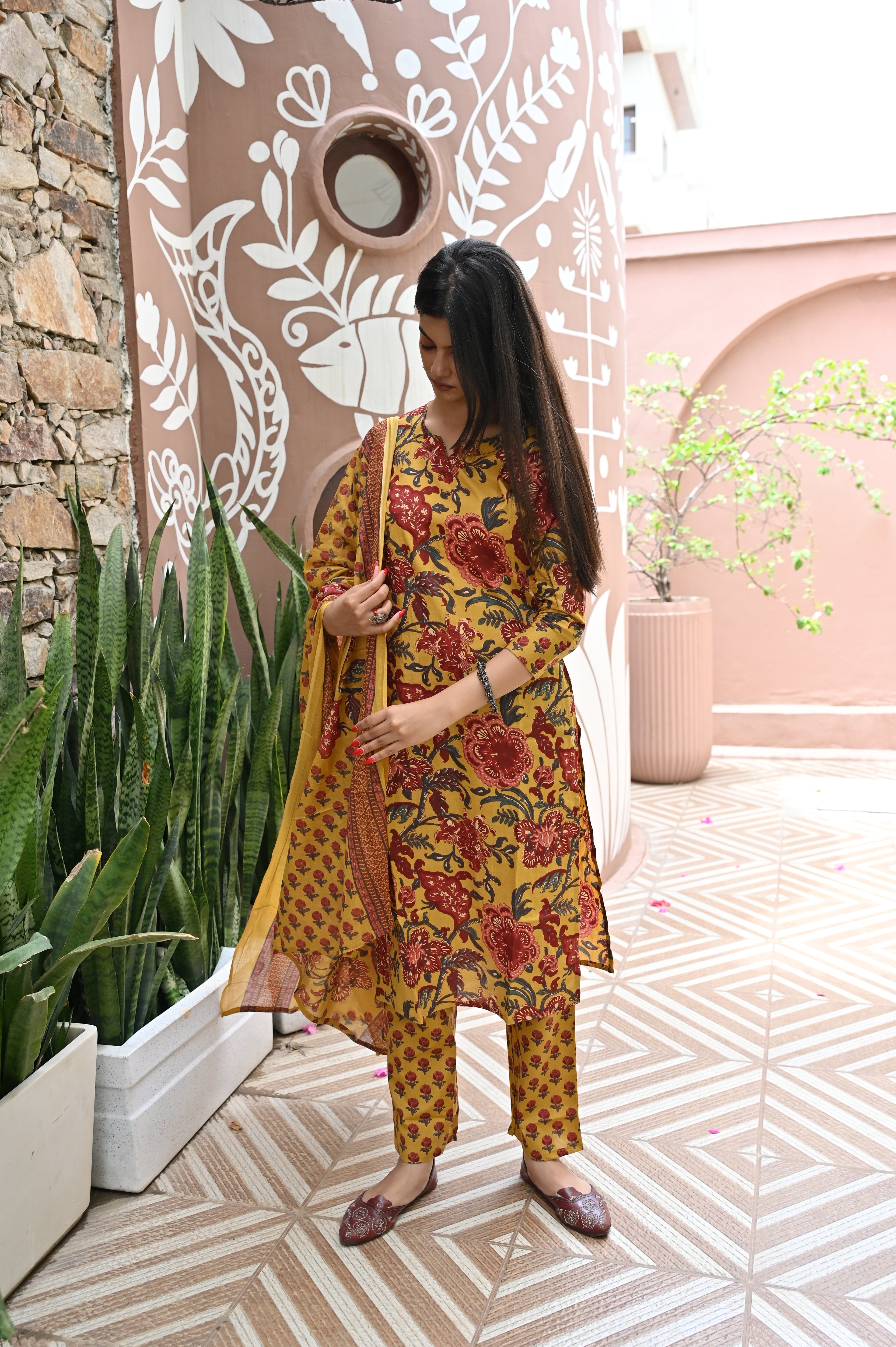 Mustard Yellow Floral Printed Cotton Kurta Pant Dupatta Set | 3-Piece