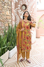 Mustard Yellow Floral Printed Cotton Kurta Pant Dupatta Set | 3-Piece