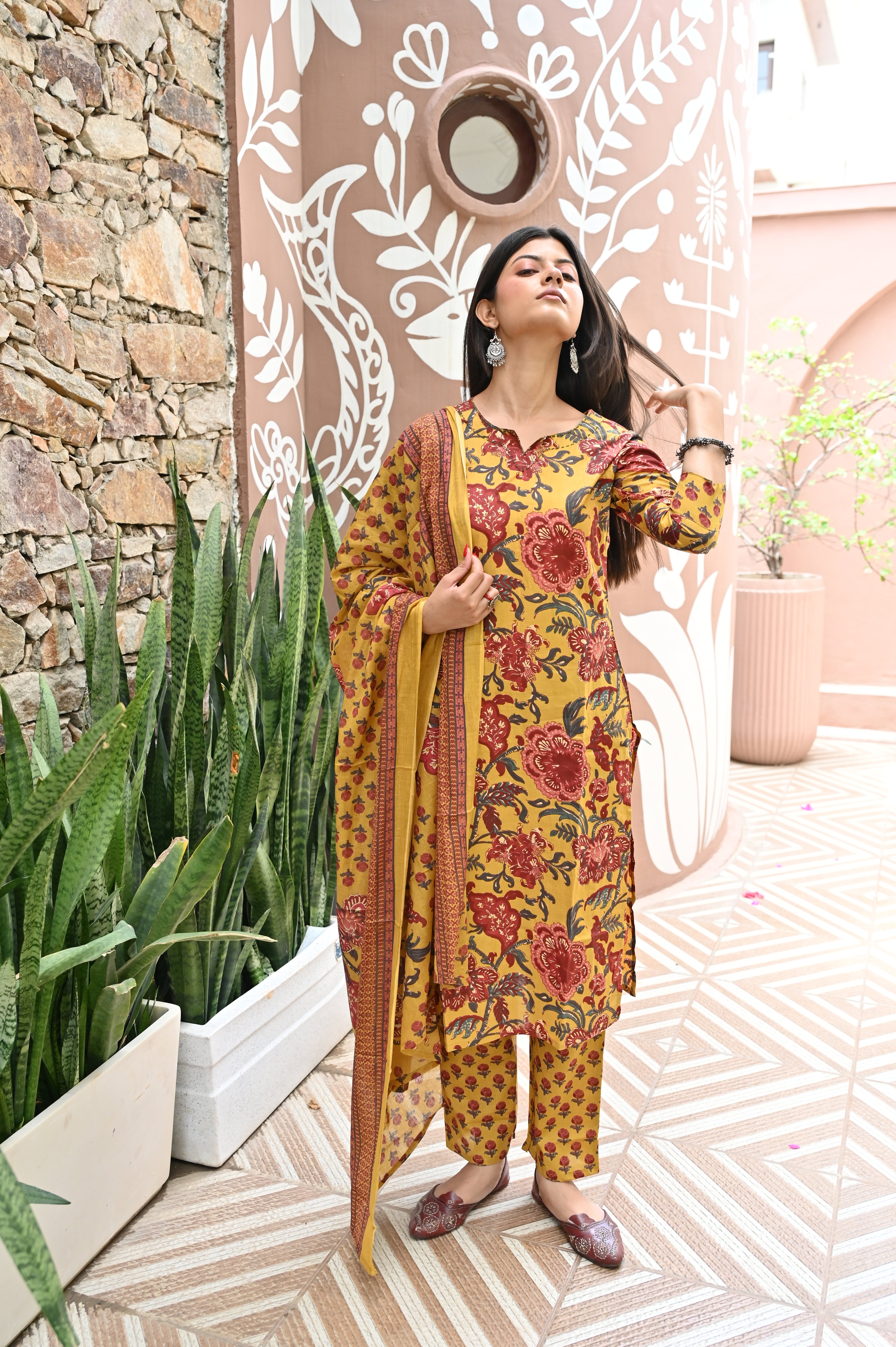 Mustard Yellow Floral Printed Cotton Kurta Pant Dupatta Set | 3-Piece
