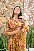 Mustard Yellow Floral Printed Cotton Kurta Pant Dupatta Set | 3-Piece