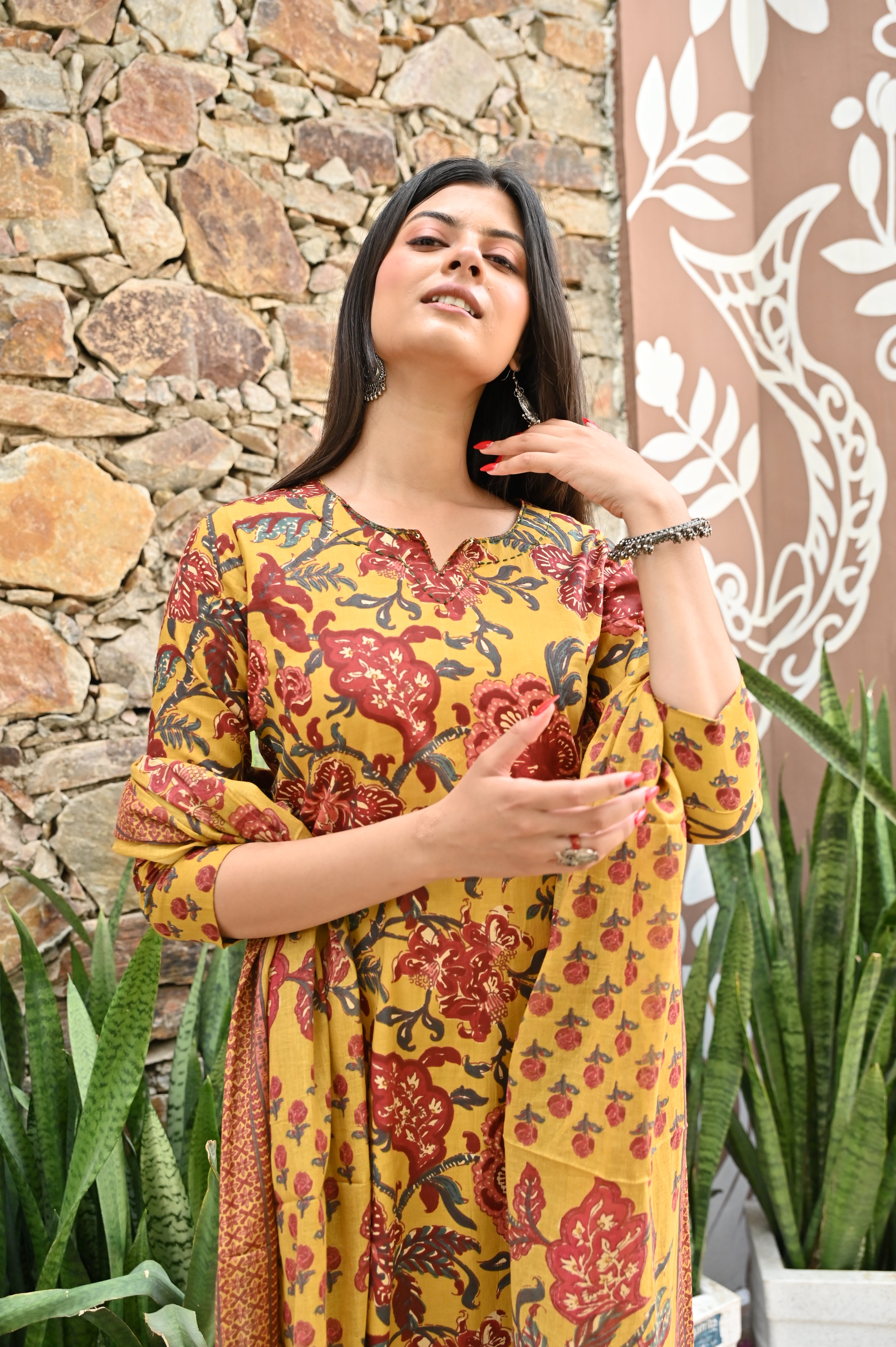 Mustard Yellow Floral Printed Cotton Kurta Pant Dupatta Set | 3-Piece