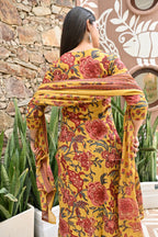 Mustard Yellow Floral Printed Cotton Kurta Pant Dupatta Set | 3-Piece
