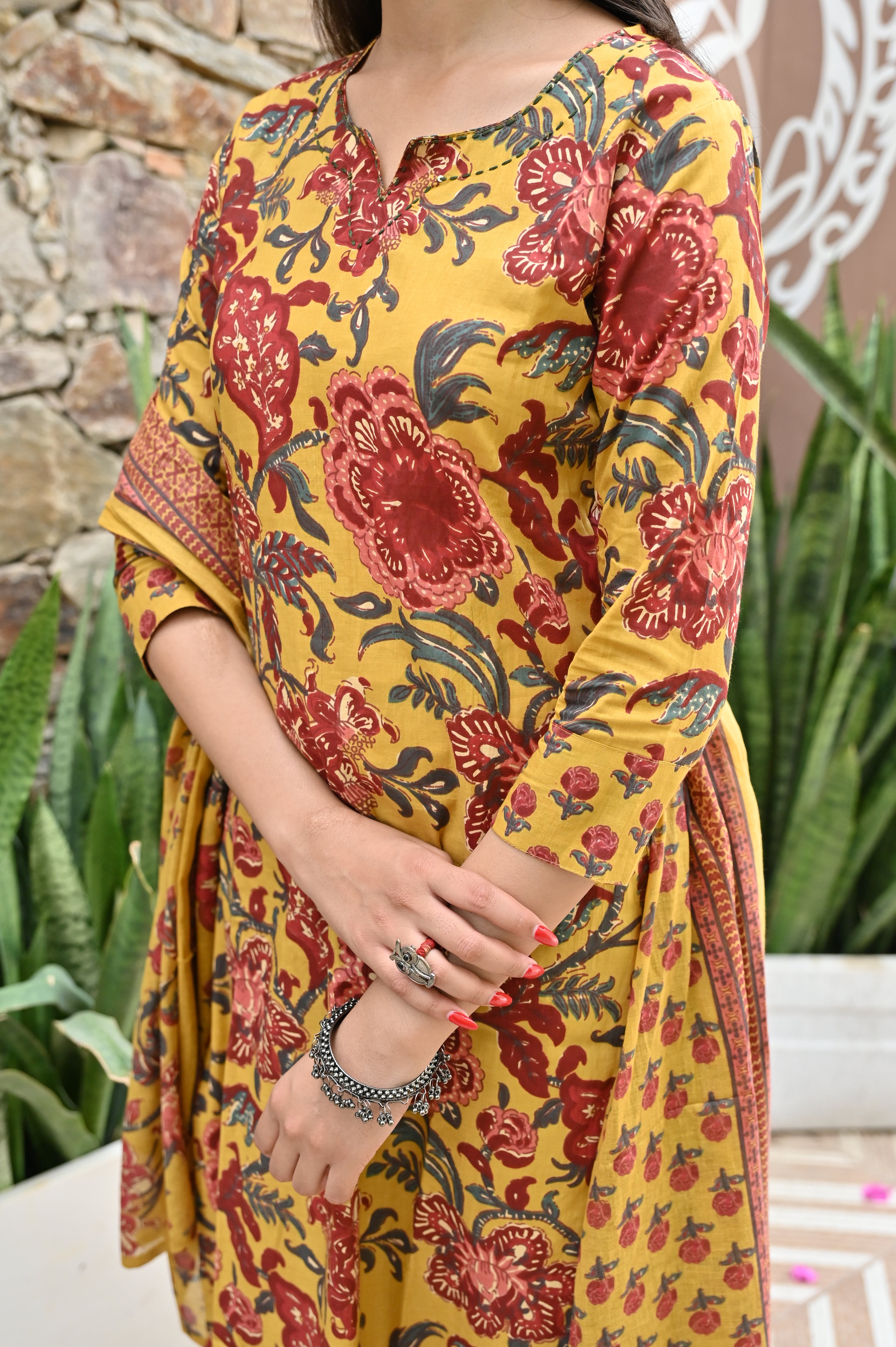 Mustard Yellow Floral Printed Cotton Kurta Pant Dupatta Set | 3-Piece