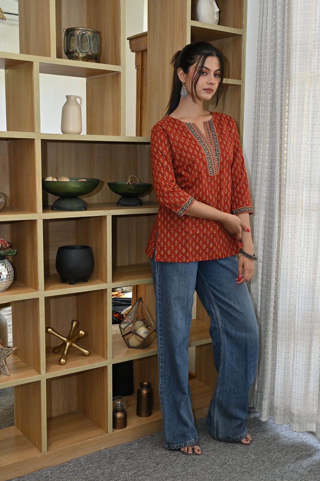Rust Orange Ethnic Printed Cotton Short Kurti | V-Neck | 3/4 Sleeves |