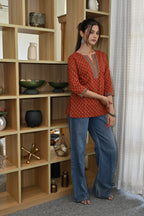 Rust Orange Ethnic Printed Cotton Short Kurti | V-Neck | 3/4 Sleeves |