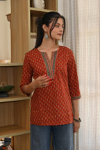 Rust Orange Ethnic Printed Cotton Short Kurti | V-Neck | 3/4 Sleeves |