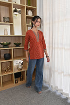 Rust Orange Ethnic Printed Cotton Short Kurti | V-Neck | 3/4 Sleeves |