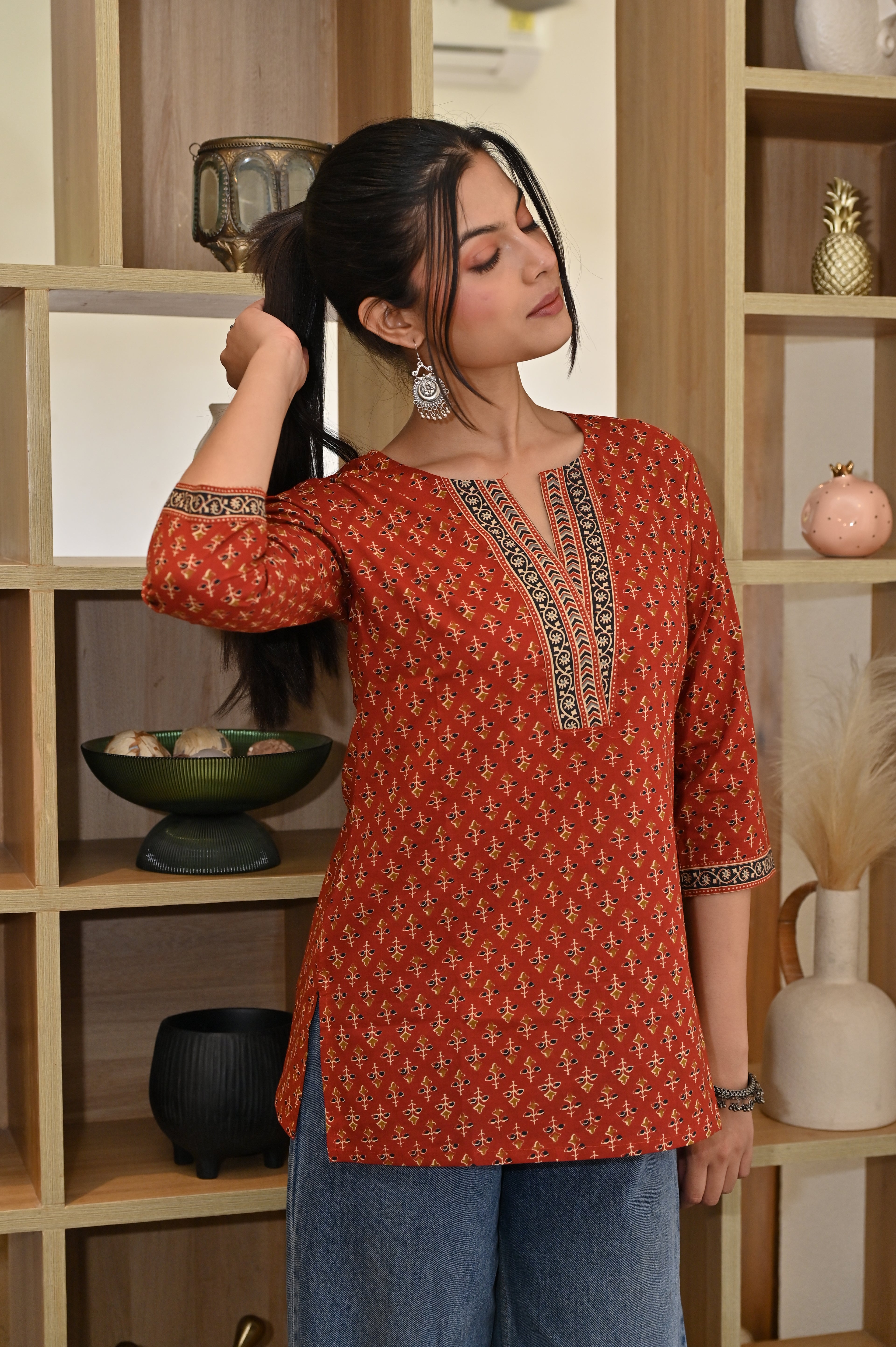 Rust Orange Ethnic Printed Cotton Short Kurti | V-Neck | 3/4 Sleeves |