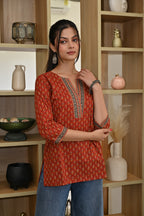 Rust Orange Ethnic Printed Cotton Short Kurti | V-Neck | 3/4 Sleeves |